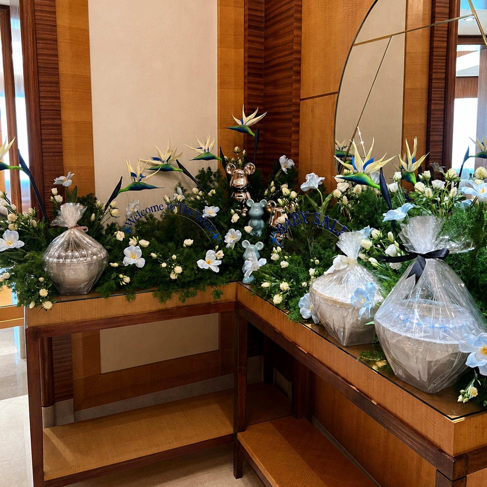 Baby Reception Mix Artificial Flower  with Natural 
1 length solution 
1 center length 
2 Side Length 
6 length of hospitality 
Green Asparagus 
White Ostuma 
Tulip Baby Blue Artificial 
Artificial White Arangium 
The bird of paradise is artificial